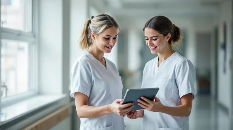Ausbilderin in einem Schweriner Krankenhaus erklärt einer Auszubildenden eine Patientenakte