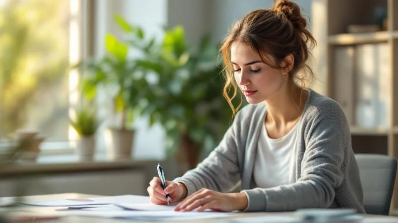 Frau sitzt in einem hellen Buero in Schwerin und fuellt Unterlagen aus
