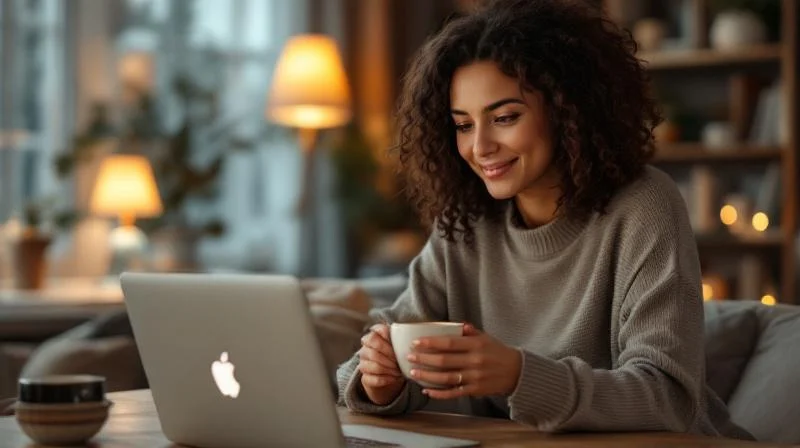 Frau studiert abends am Laptop in Schwerin