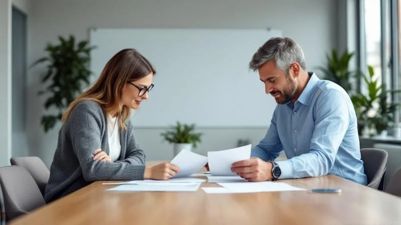 Zwei Personen besprechen Unterlagen in einem modernen Besprechungsraum in Schwerin