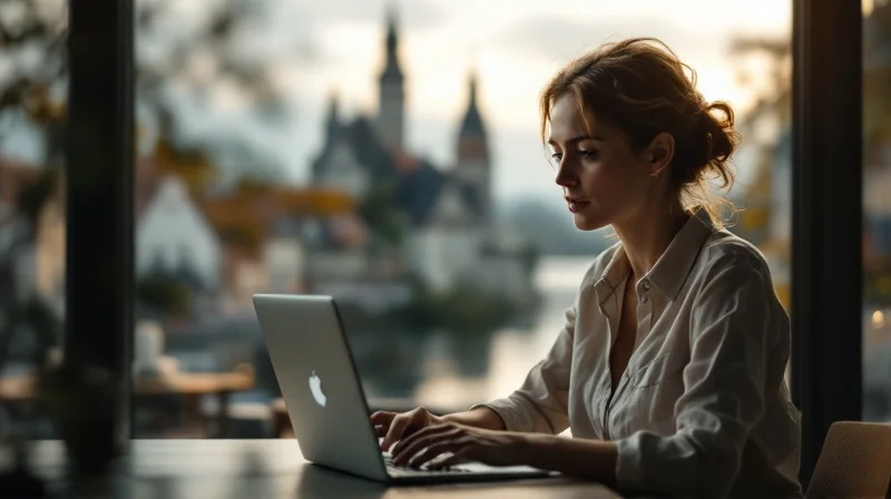 Schweriner Angestellte mit Laptop in Bürofenster mit Blick auf Schloss und See
