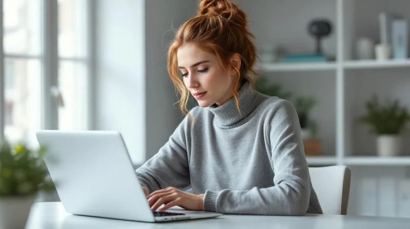 Frau lernt am Laptop in einem hellen Buero in Schwerin