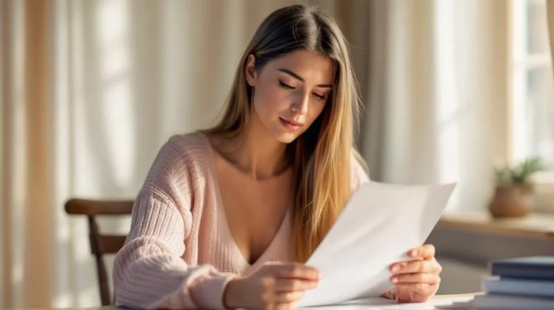 Frau liest Foerderunterlagen an einem Schreibtisch in einem hellen Raum