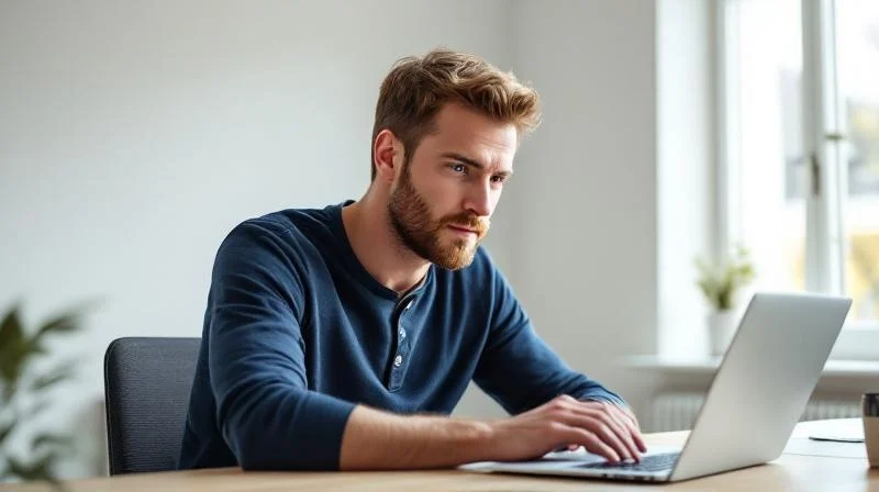 Mann arbeitet konzentriert am Laptop in einem modernen Arbeitsbereich in Schwerin