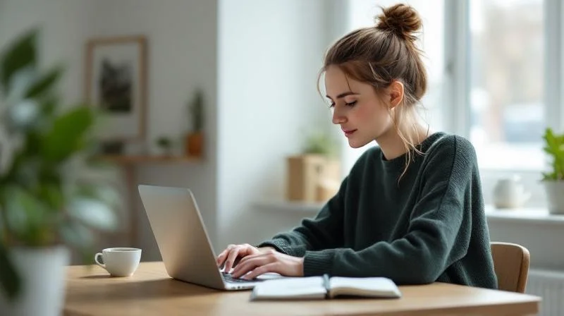 Frau lernt am Laptop in einem hellen Raum in Schwerin