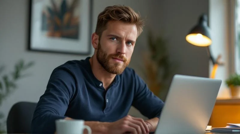 Mann arbeitet konzentriert am Laptop in einem ruhigen Buero in Schwerin
